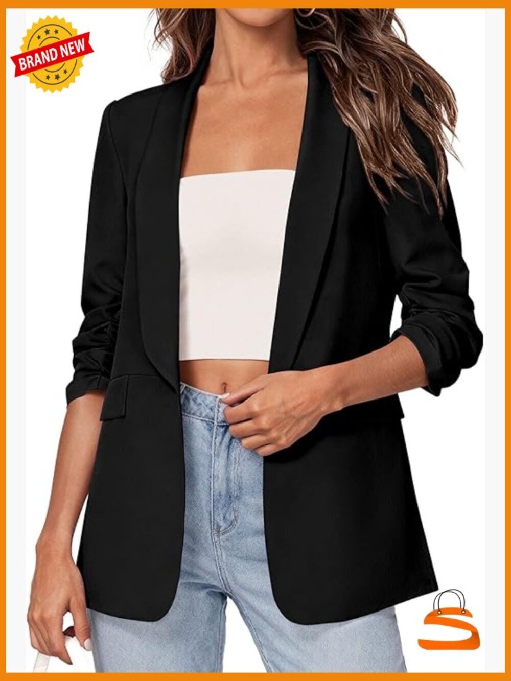 Open Front Ruched 3/4 Sleeve Blazer for Work